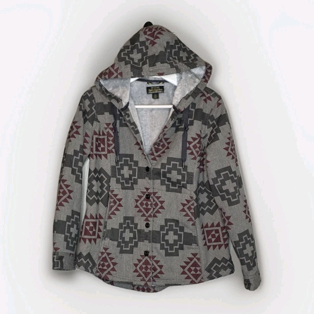 Noble‎ Outfitters Western Jacket Women's LG Gray Hooded Aztec Shirt Fleece Lined